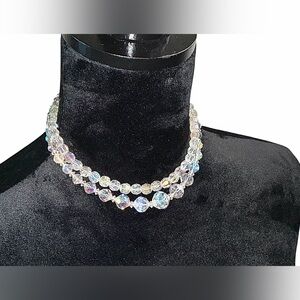 Two Vintage Iridescent Crystal Choker Necklaces With Hook Clasps